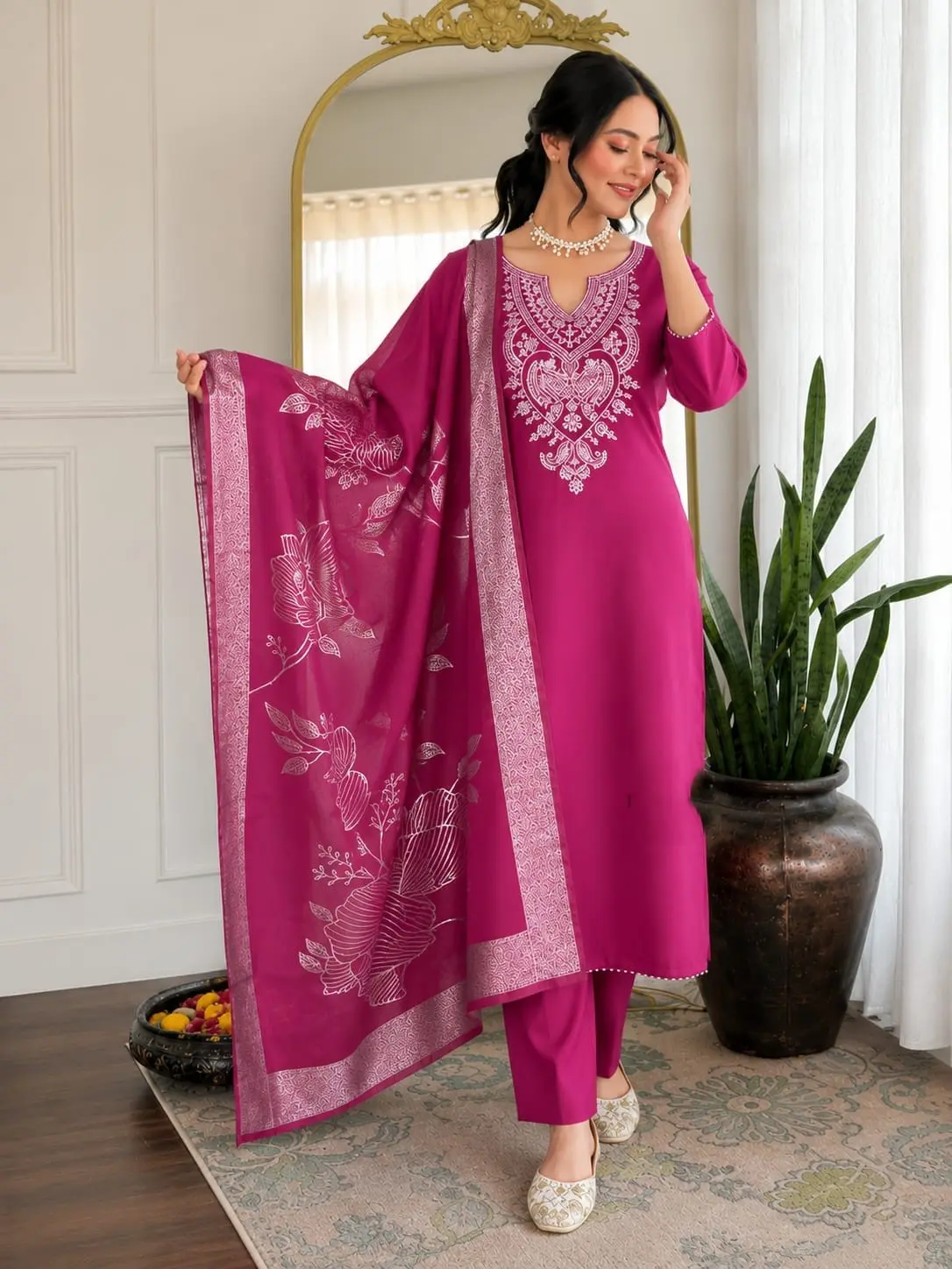 Cotton Embroidered Dupatta Set with Chanderi Floral Dupatta